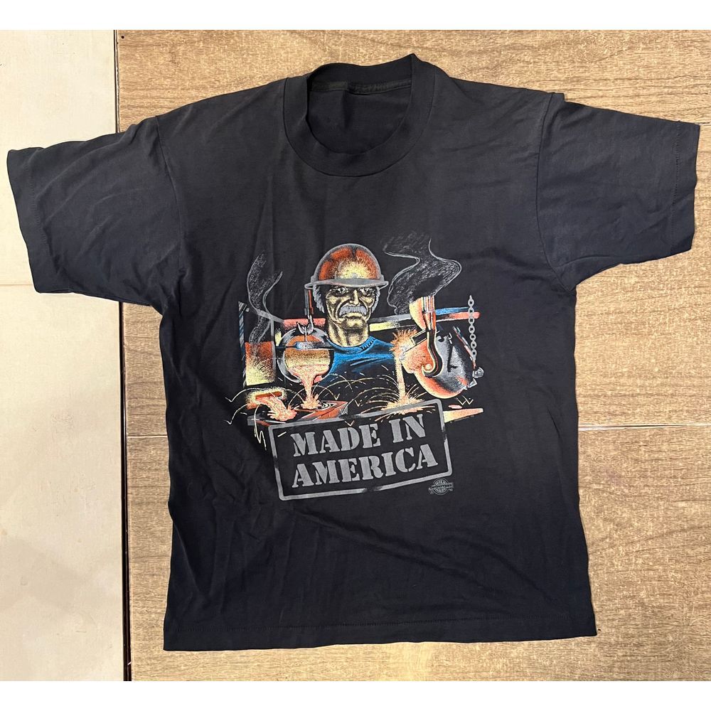 VTG 'Made In America' Steelworkers Art Black Single Stitch‎ T-Shirt SZ Med 90s
